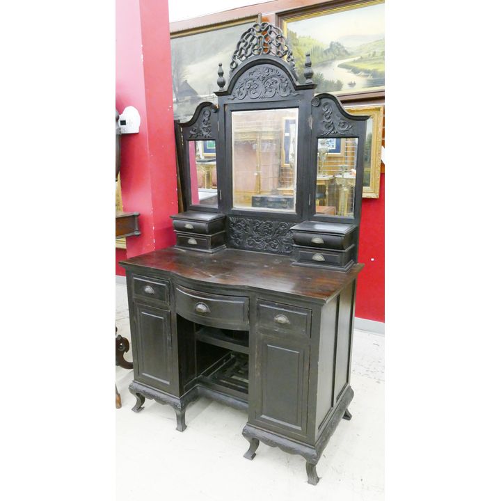 Antique Chinese Export Rosewood Vanity with Triple Mirror- 78x42x26'' with scattered old repairs
