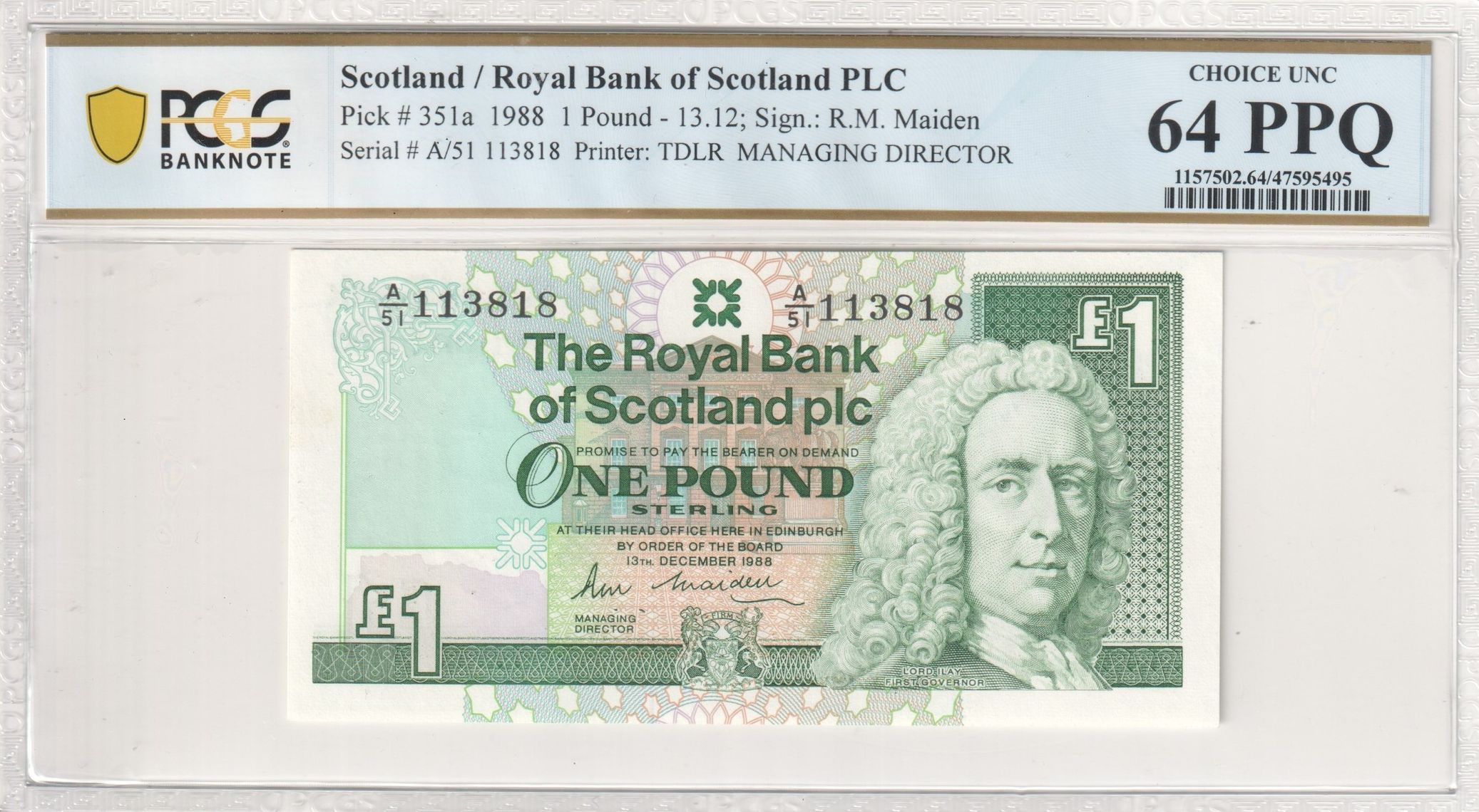 Scotland, Royal Bank of Scotland PLC, 13.12; R.M. Maiden, One Pound, 1988, PCGS Choice UNC 64 PPQ