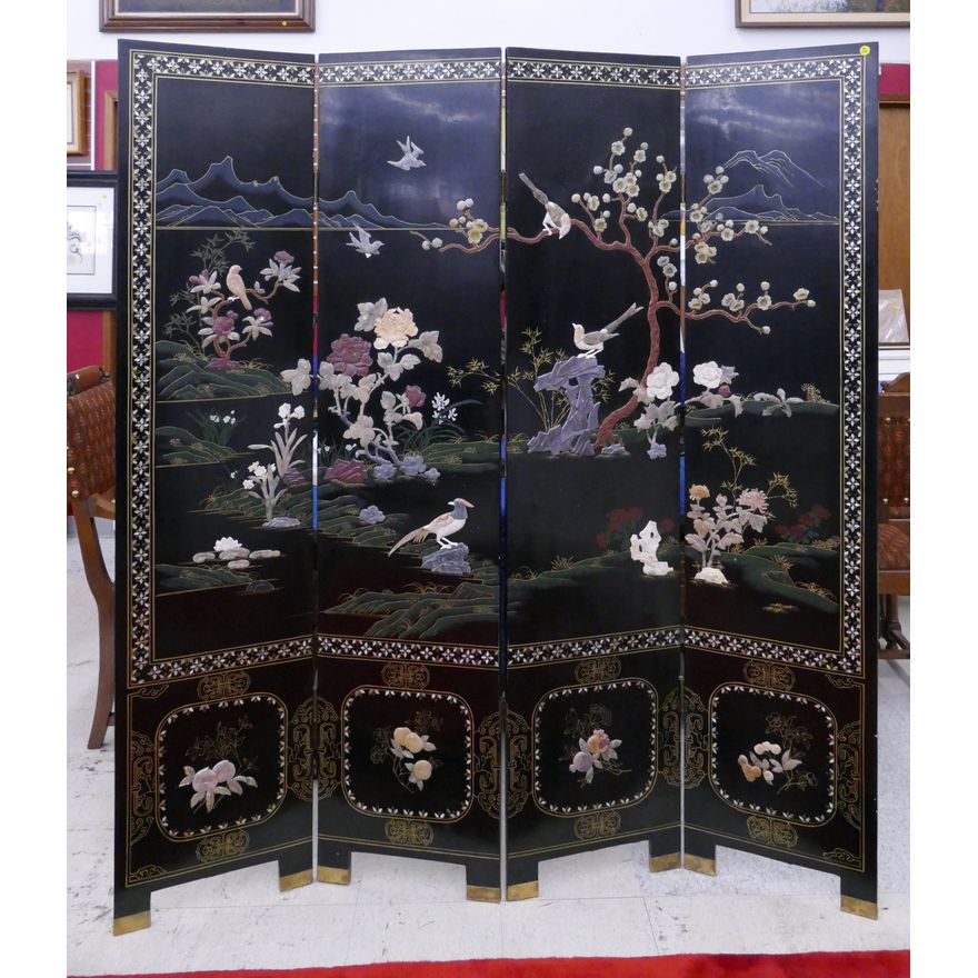 Chinese Lacquered Stone Applique 4 Panel Room Screen- 72x64''
