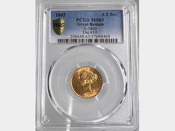 1865 VICTORIA YOUNG HEAD #DIE 10 SHIELD GOLD HALF SOVEREIGN MS63