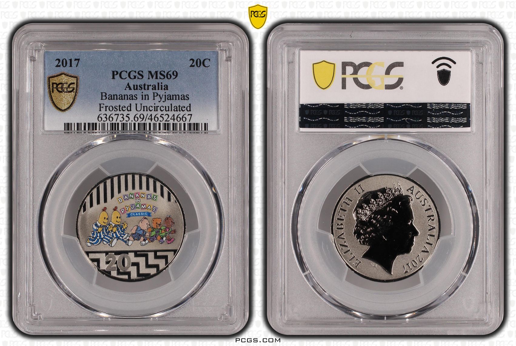 Bananas in Pyjamas Frosted Uncirculated , Twenty Cent, 2017, PCGS MS69