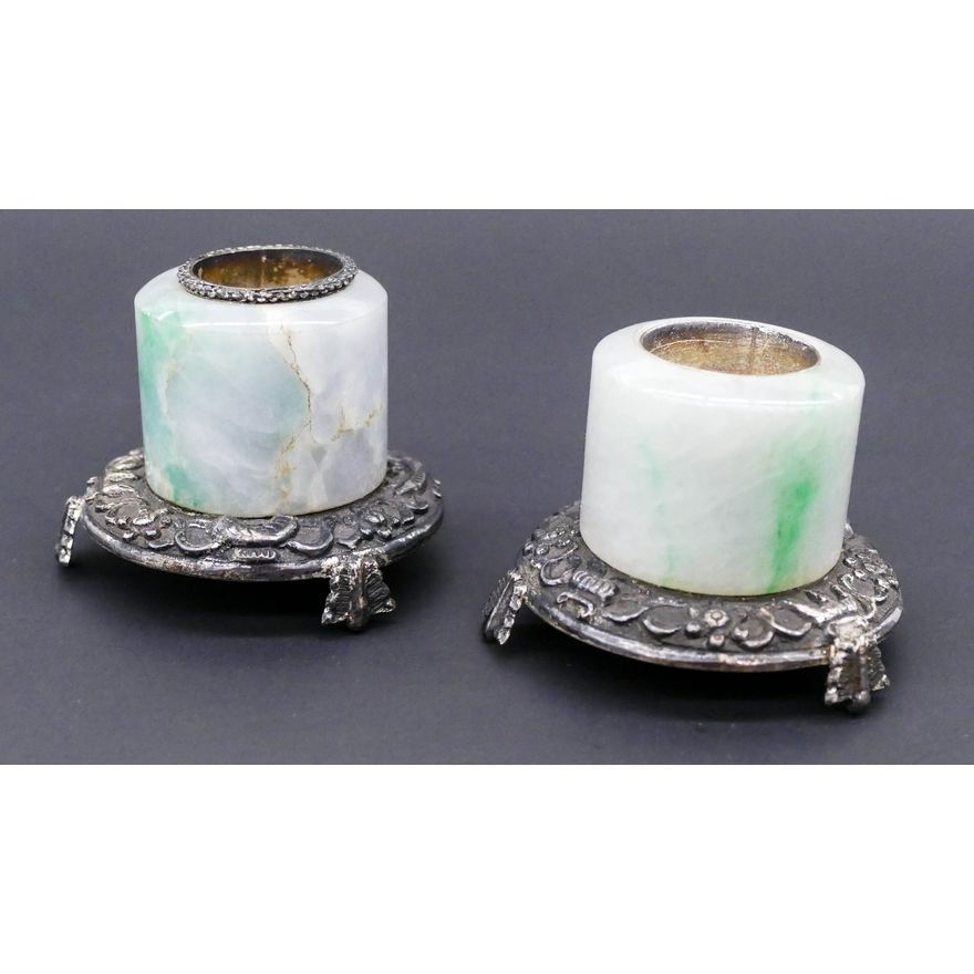 Pair Chinese Qing Jadeite Archer's Ring Silver Salts