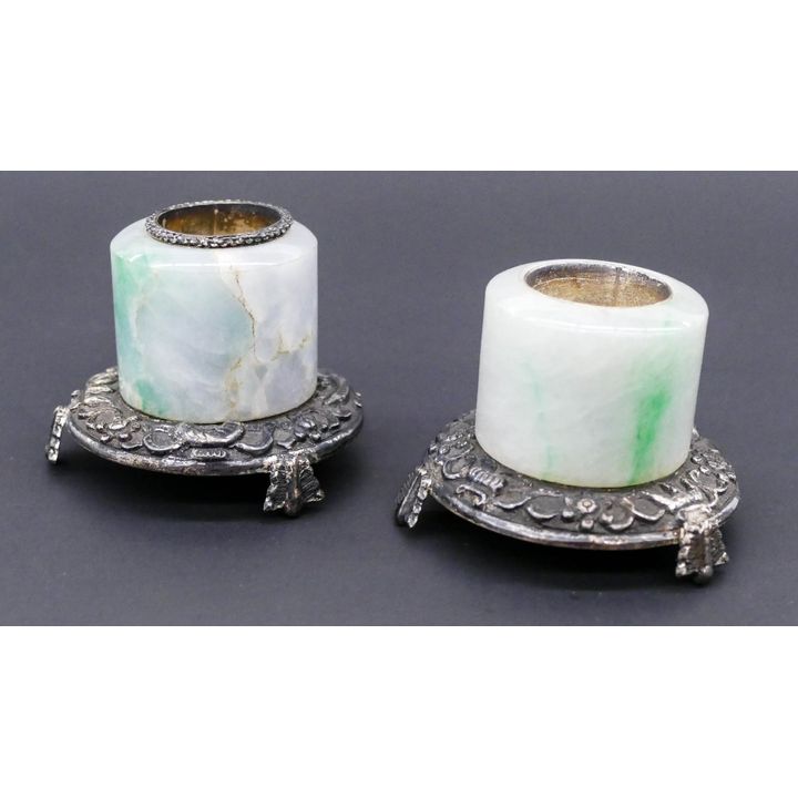 Pair Chinese Qing Jadeite Archer's Ring Silver Salts