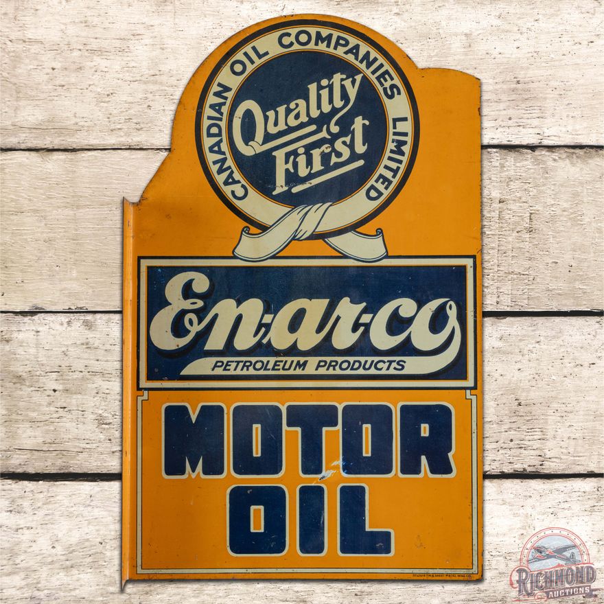 En-ar-co Quality First Motor Oil DS Tin Flange Sign