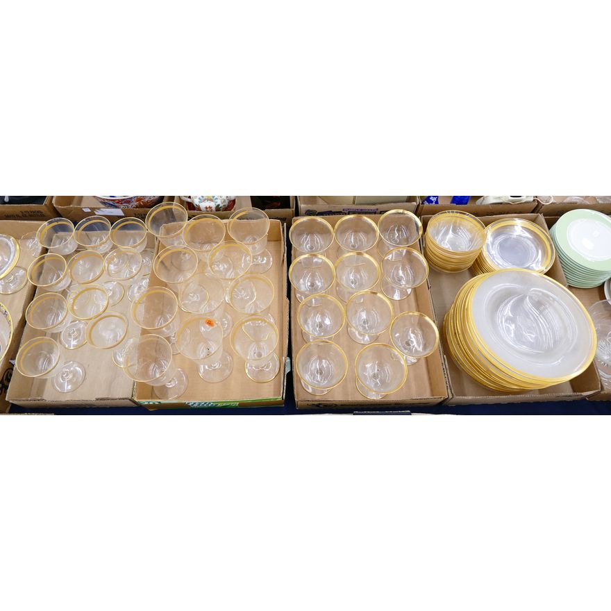 68pc Gold Rim Matching Glass Stemware and Plates
