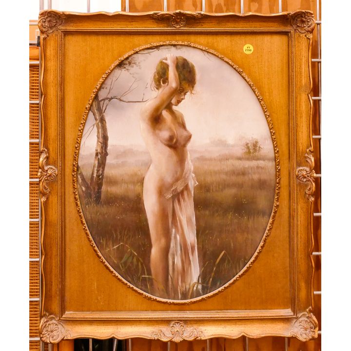 Nude Woman in Landscape Oval Oil Painting Framed- 24x20''