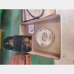 Antique bank advertising thermometer and wood box
