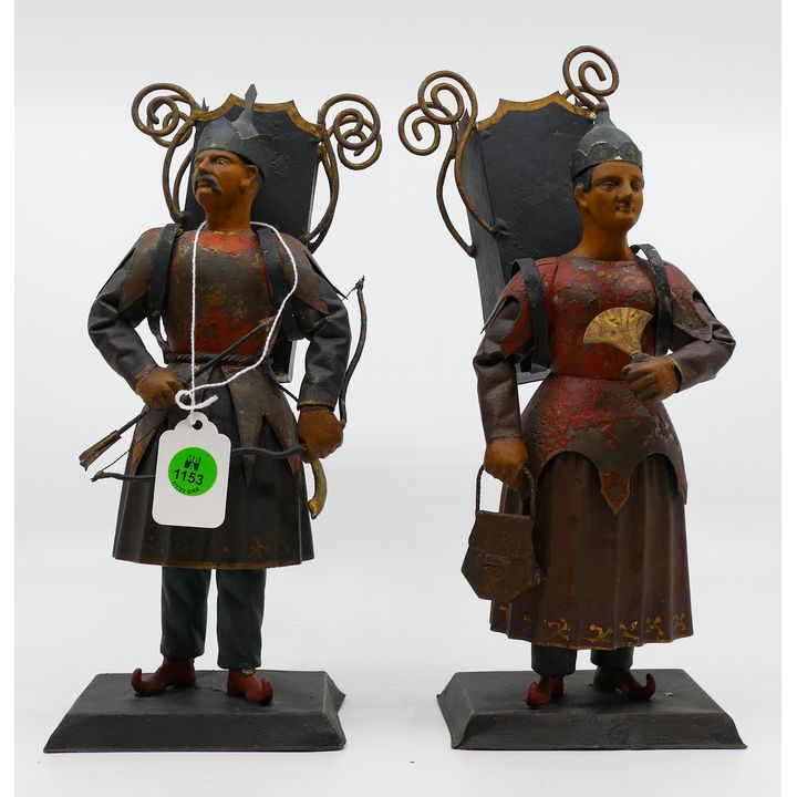 Pair Antique Tole Painted Figural Metal Spill Vases 12'' Approx.