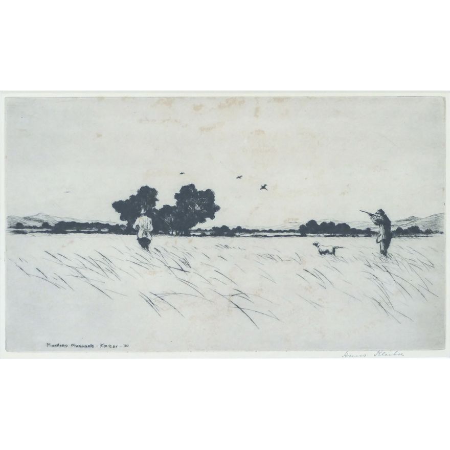 Hans Kleiber ''Hunting Pheasants'' 1930 Signed Etching Framed 13''x17''
