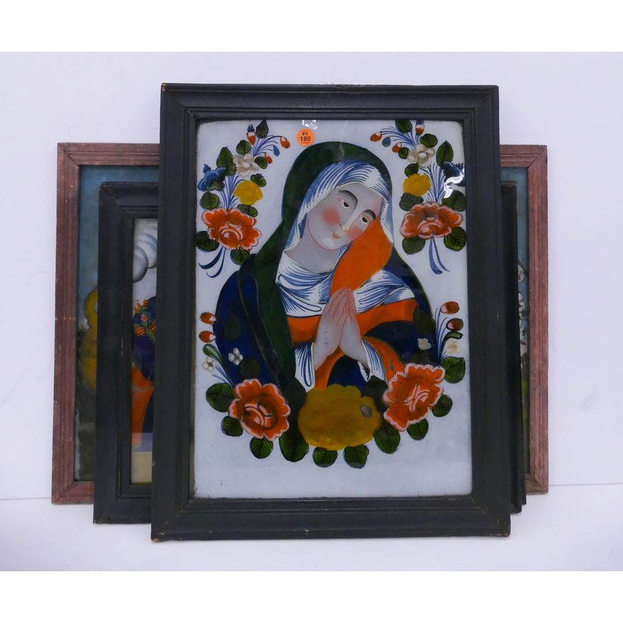 4pc Old Spanish and Asian Reverse Painted Religious Panels- largest 18x14''