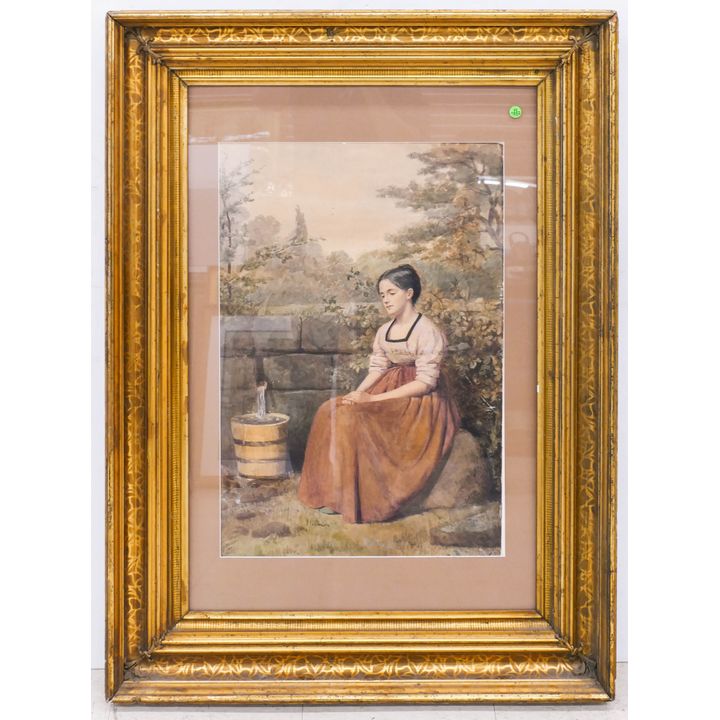 J. Phillips 1883 Woman Resting Watercolor in Ornate Frame- 43x32''