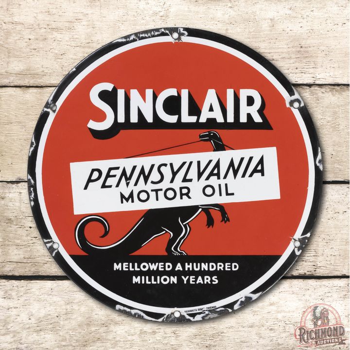 12" Sinclair Pennsylvania Motor Oil Standing Black Dino Single Sided Porcelain Sign TAC 9