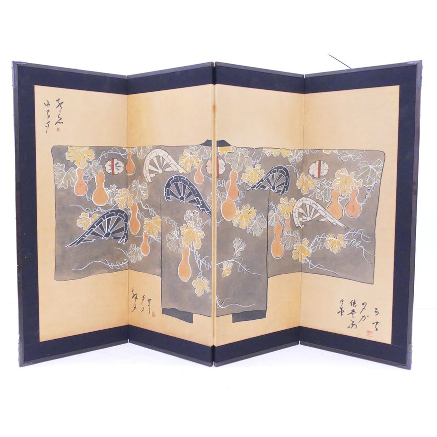 Japanese Painted Kimono w/ Wheels & Gourds 4 Panel Screen- 36x54''