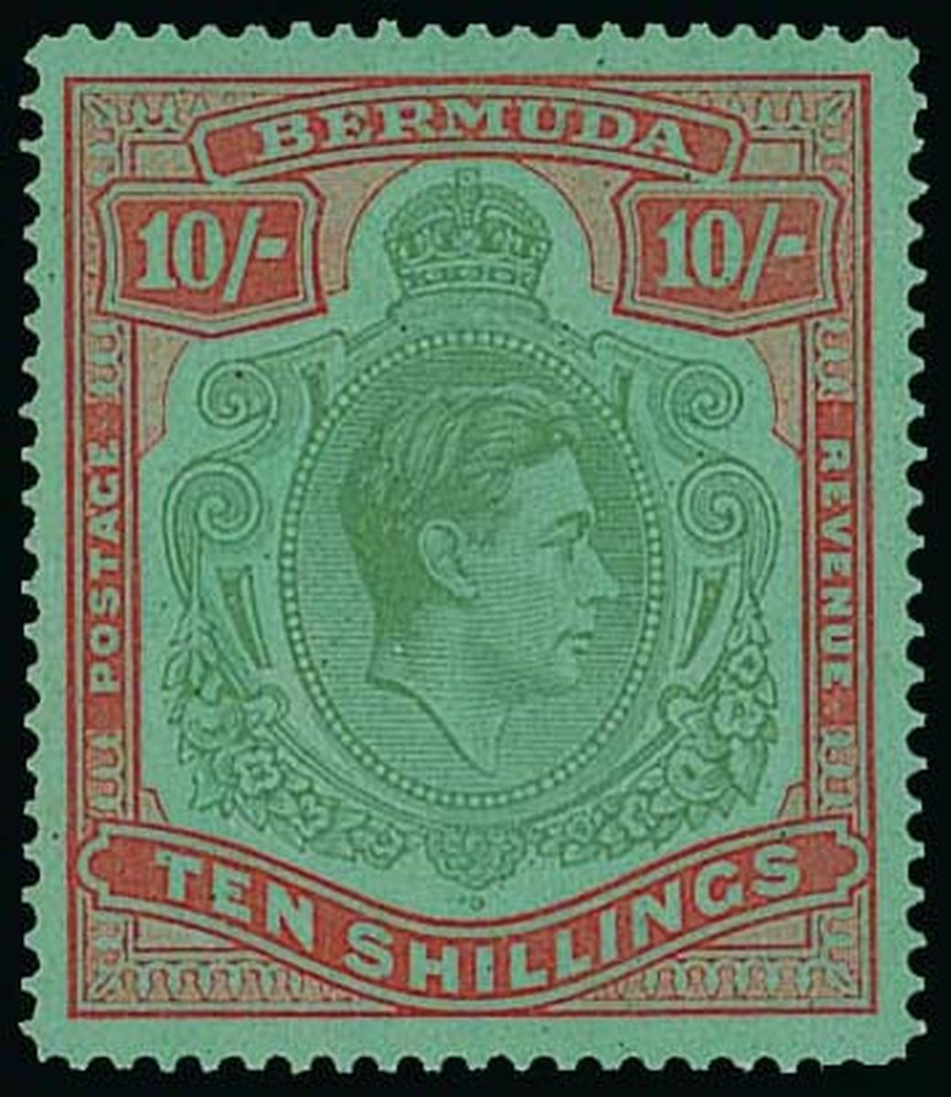 Bermuda 1938-52-3 Script 10/- perf. 14¼ yellow green and carmine on ...