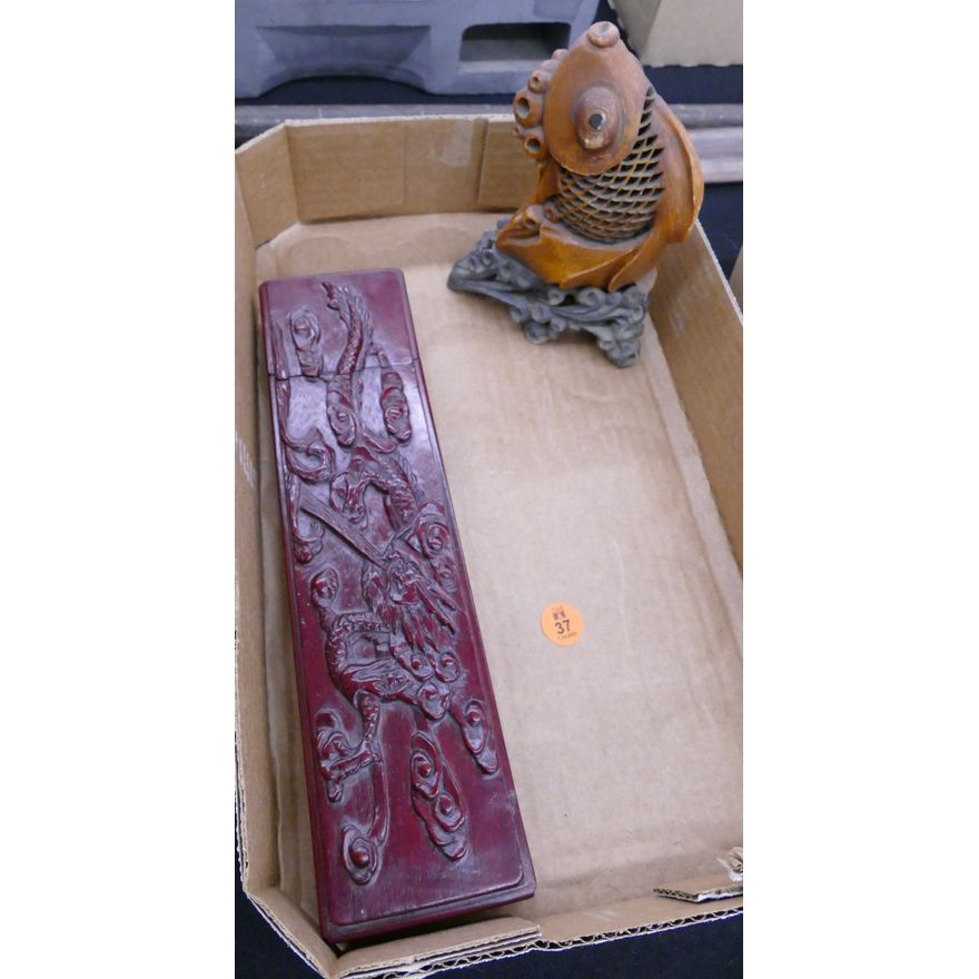 2pc Chinese Wood Chopstick Set & Soapstone Carving
