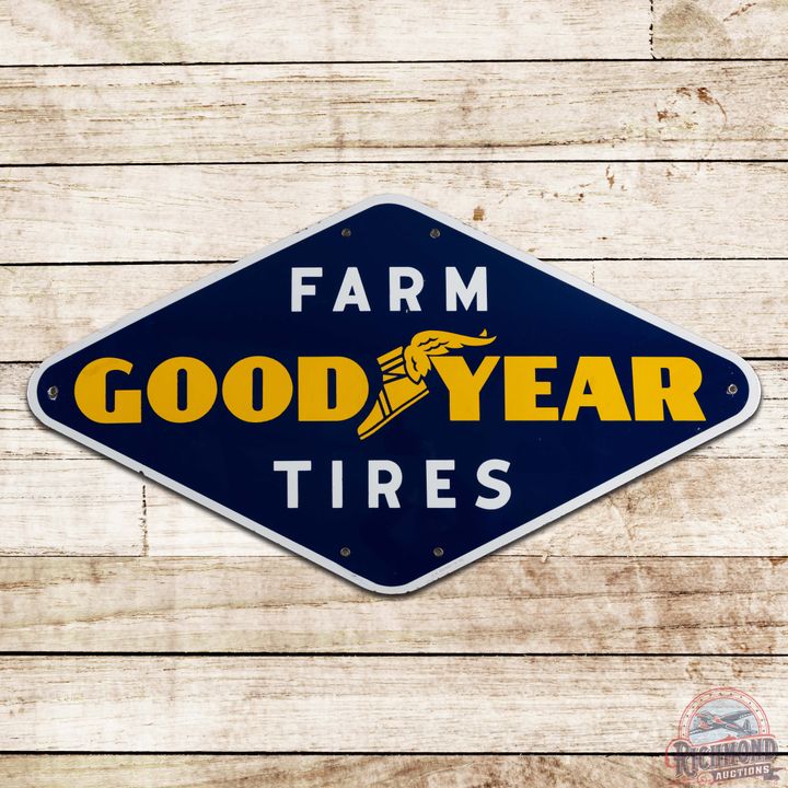 Superb Goodyear Farm Tires 4' Single Sided Porcelain Sign w/ Wingfoot Logo
