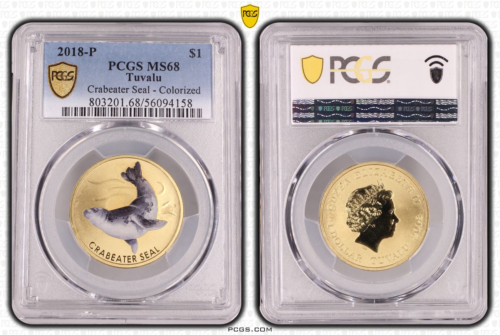 Tuvalu, Crabeater Seal - Colorized, One Dollar, 2018-P, PCGS MS68
