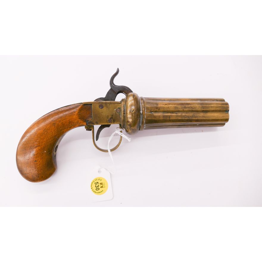 Antique Brass Pepperbox 6 Barrel Pistol- 8.5''