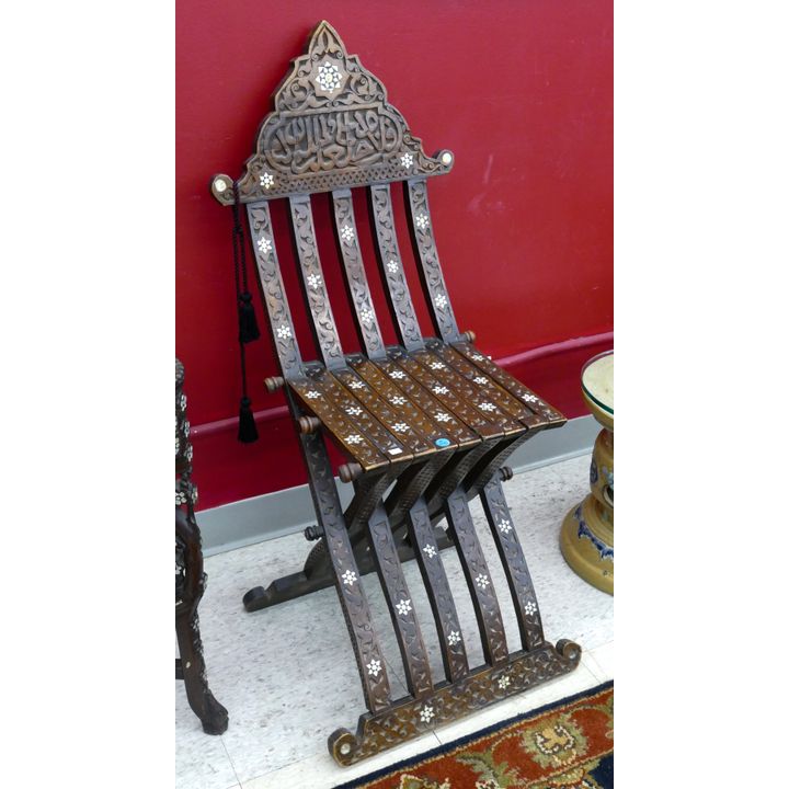 Antique Islamic Inlaid Folding Wood Chair 39''x18''x21''