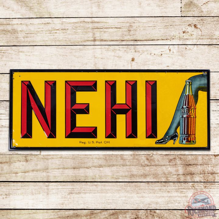 Nehi Emb. Single Sided Tin Sign w/ Bottle & Leg