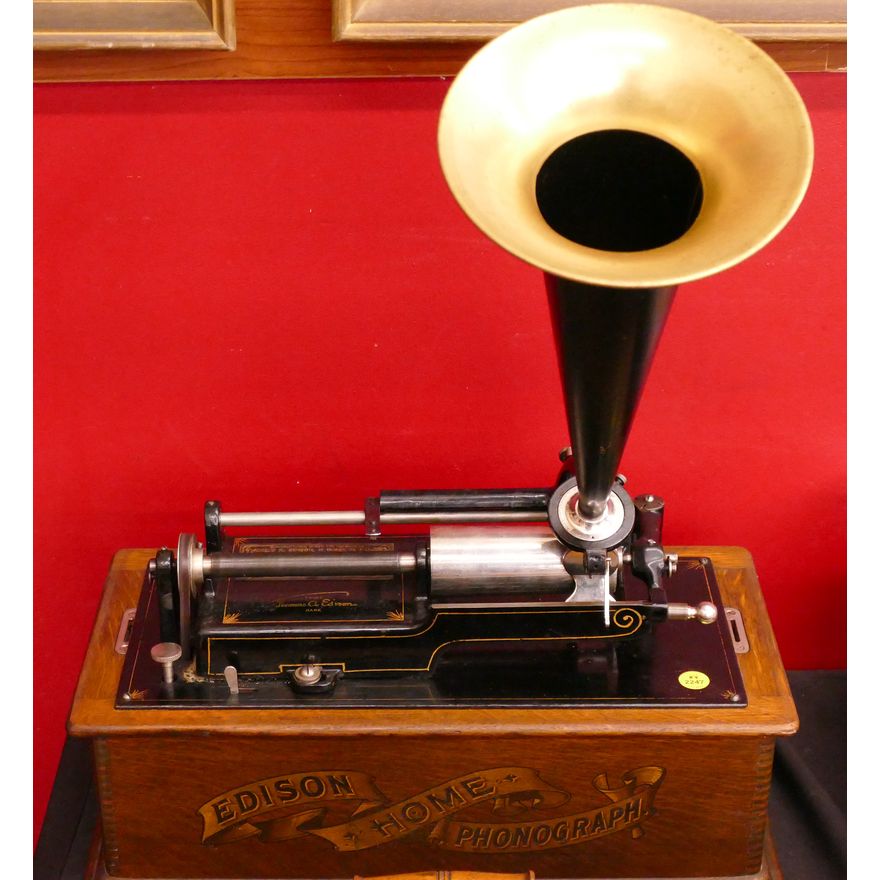 Antique Edison Oak Cylinder Player with Horn & Cover- missing crank- 22x19''