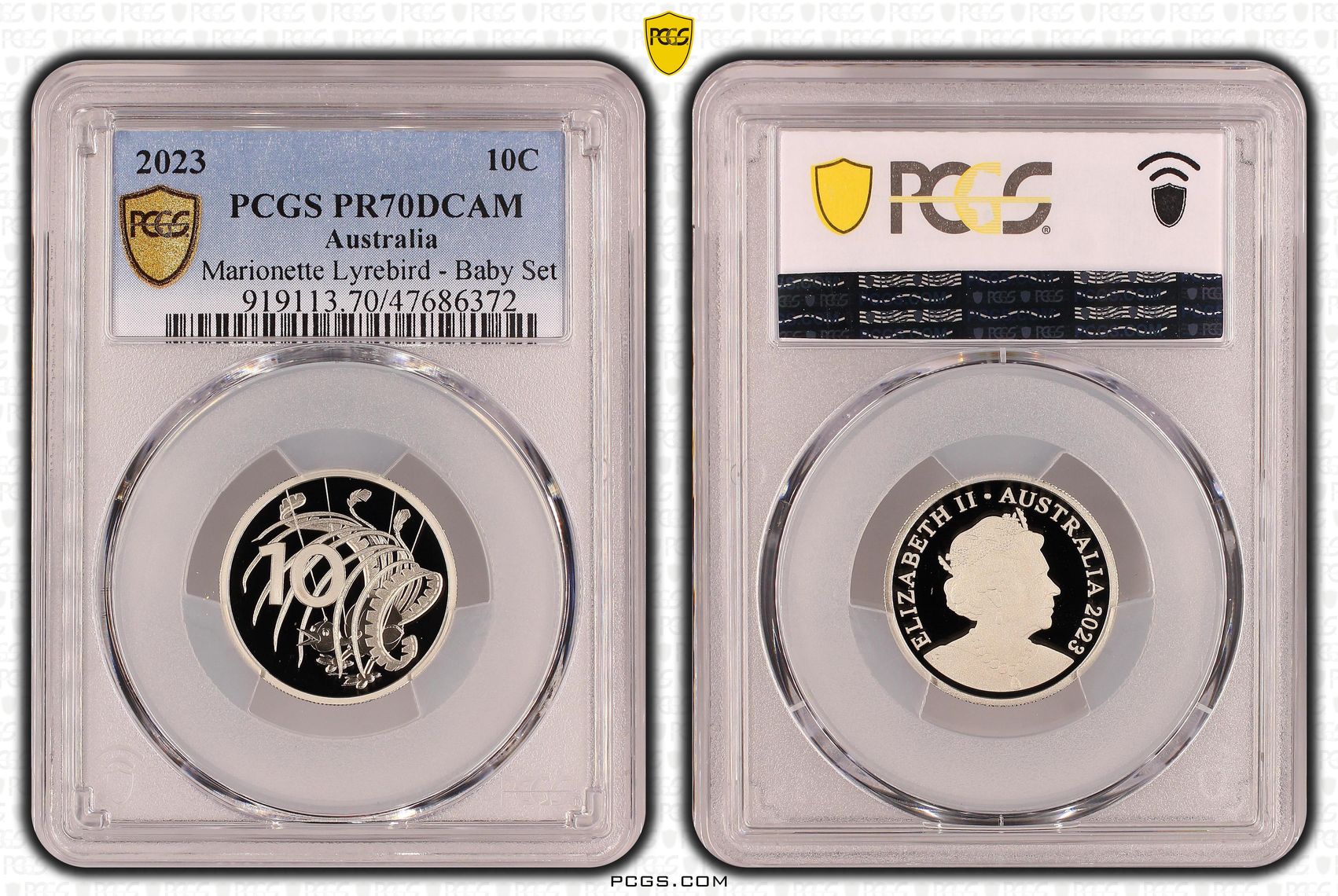 Elizabeth II, Marionette Lyrebird - Baby Set, Ten Cent, 2023, PCGS PR70DCAM