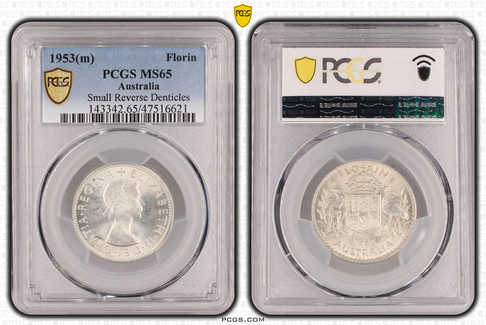 Small Reverse Denticles, Florin, 1953(m), PCGS MS 65
