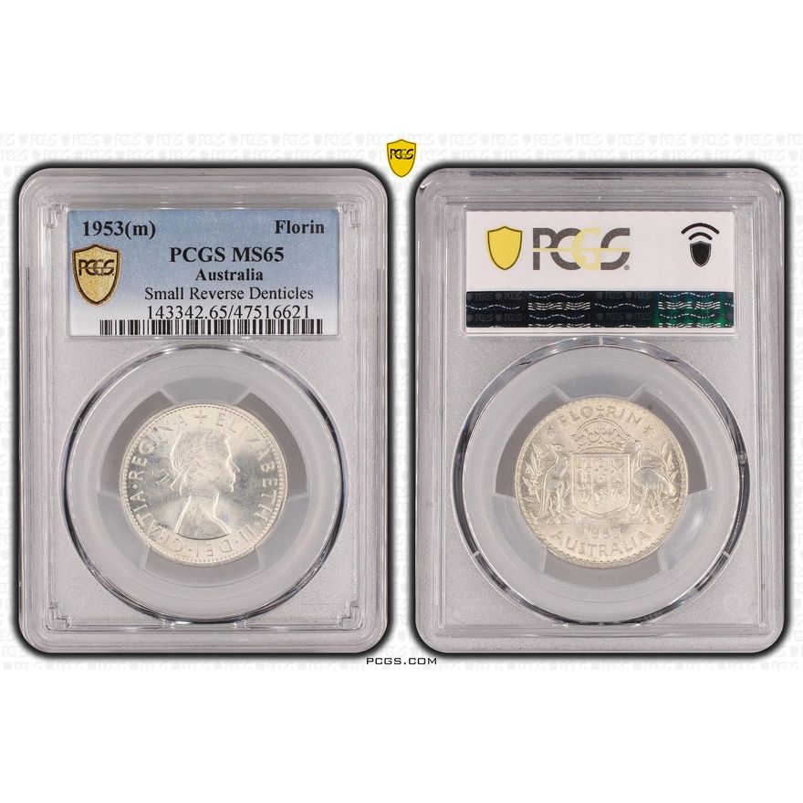 Small Reverse Denticles, Florin, 1953(m), PCGS MS 65
