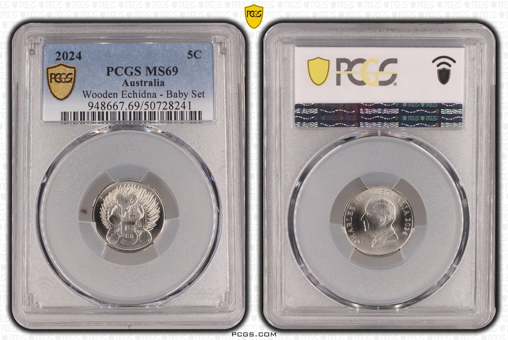 Wooden Echidna - Baby Set POP 2/0, Five Cent, 2024, PCGS MS69