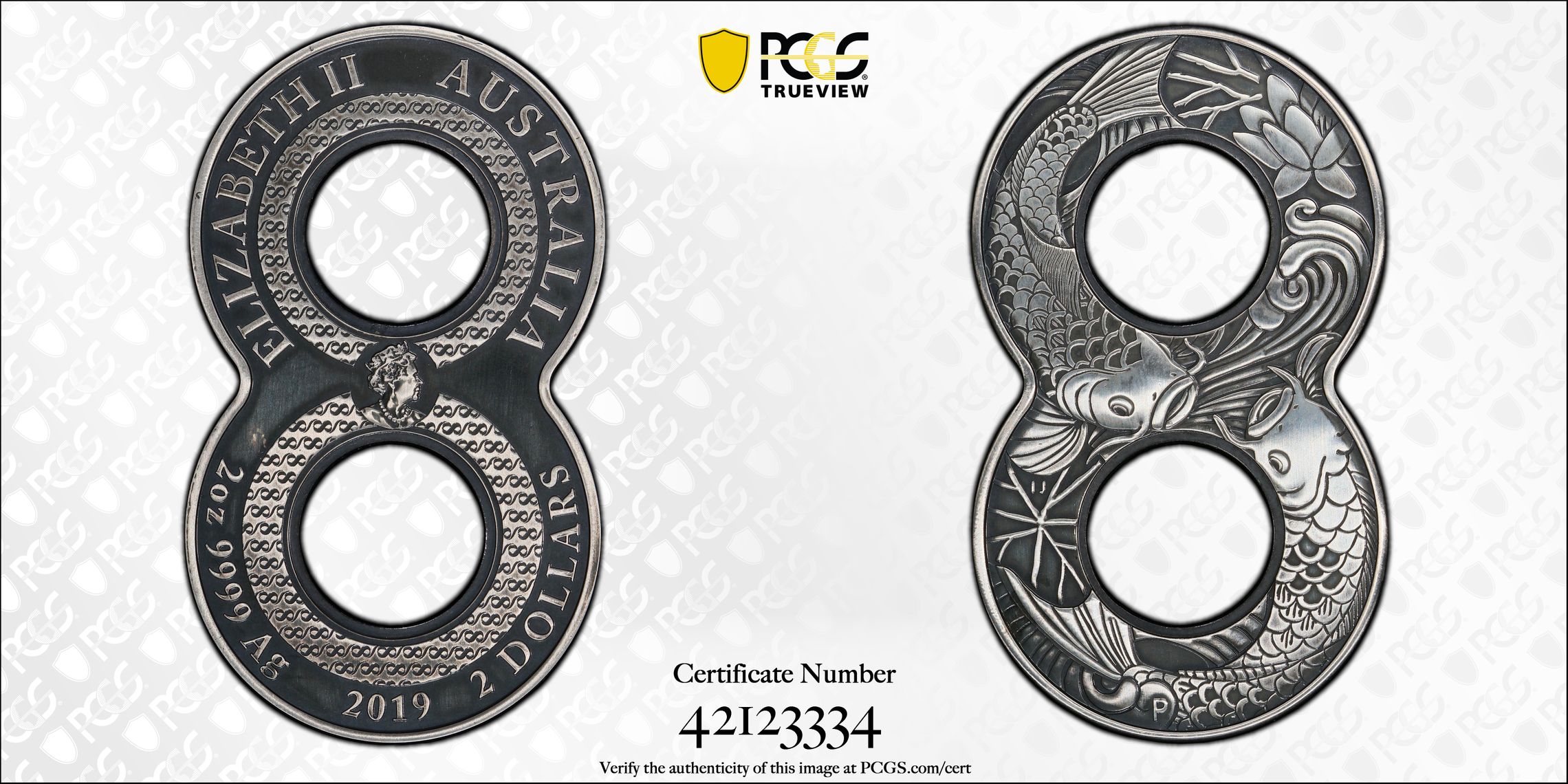 Figure Eight Koi Fish Antique Finish, POP 7/0, Two Dollar, 2019-P, PCGS SP69