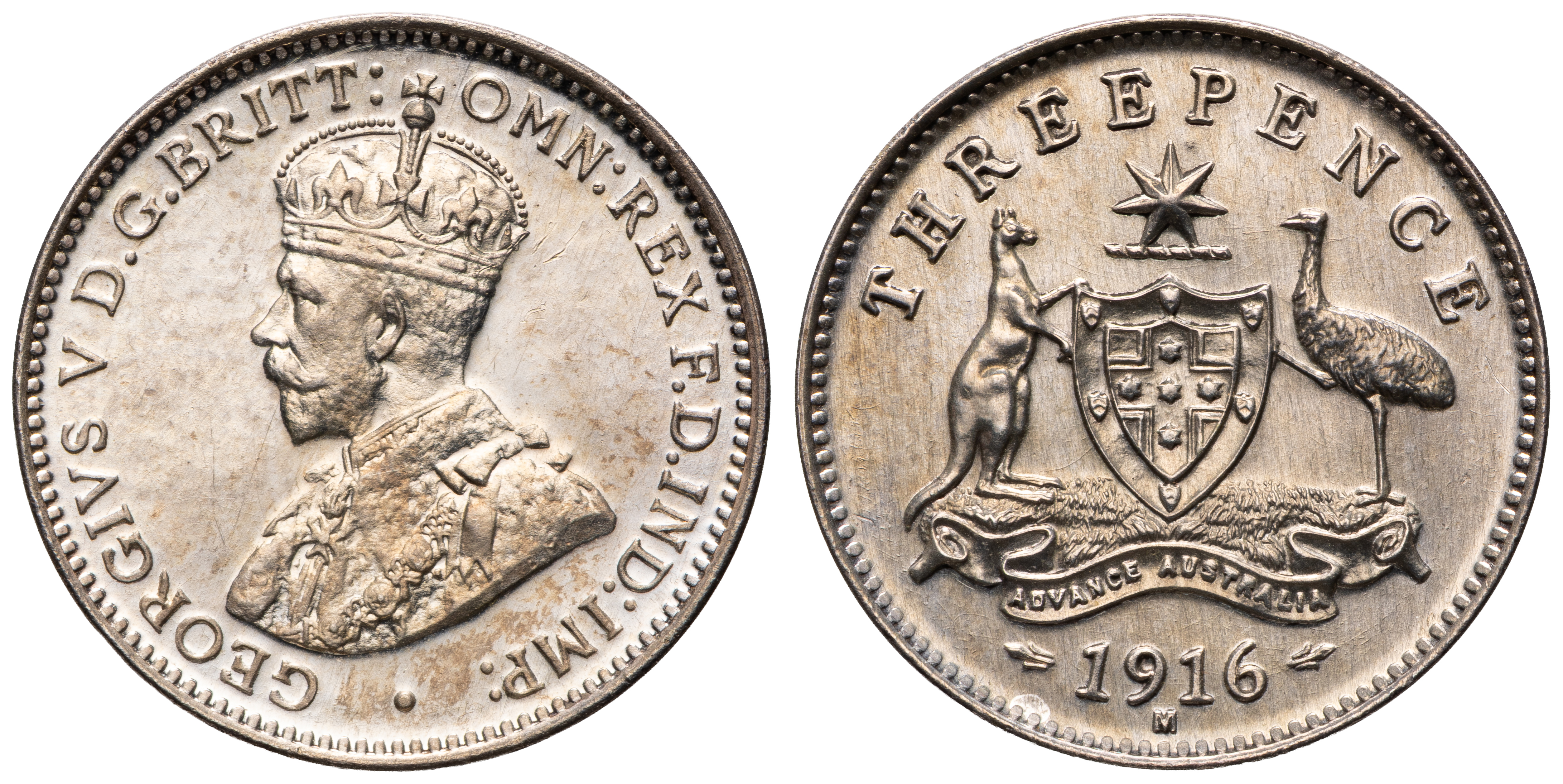 George V, Threepence, 1916-M, aFDC
