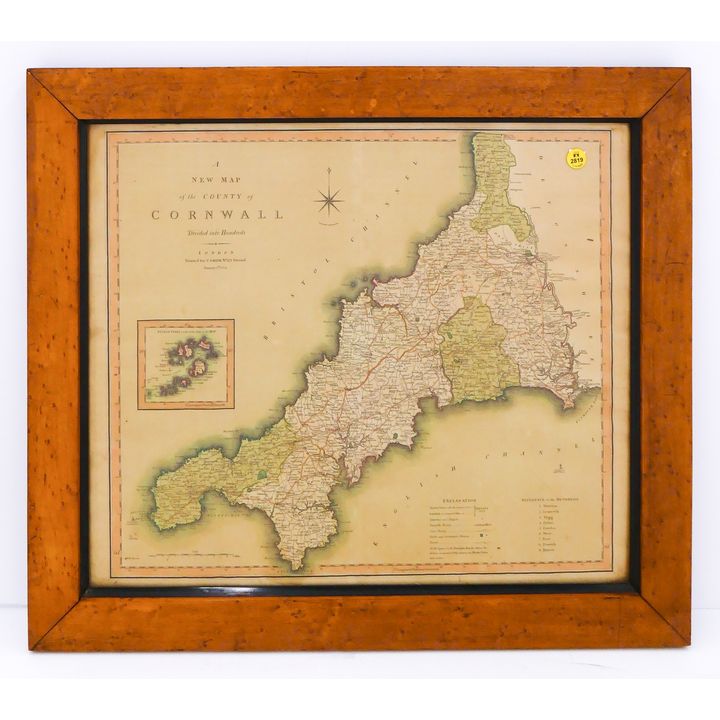 Dated 1804 Cornwall County Tinted Map Engraving Framed- 22x25''
