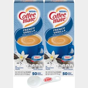 NESTLE COFFEE MATE LIQUID COFFEE CREAMER SINGLES, FRENCH VANILLA, 50 CT BOX (PACK OF 2) WITH BY THE CUP COFFEE SCOOP, 37.5 FL OZ