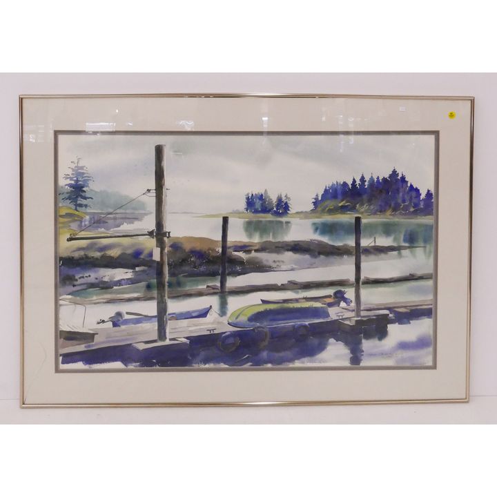 LARGE Jess Cauthorn (1923-2005, WA) 'Willapa Bay' Large Watercolor Framed- 33x48'' (crack to glass)