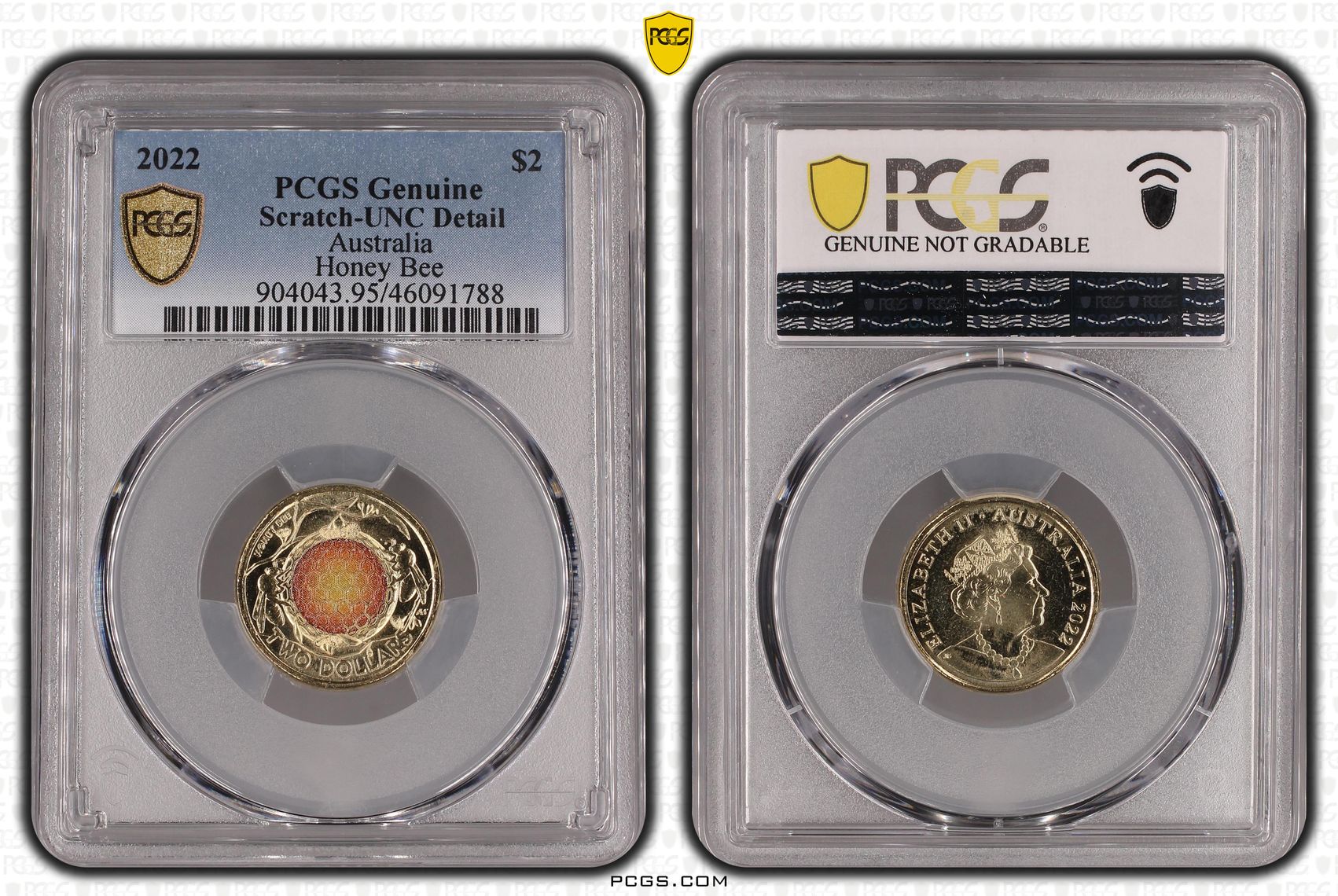 Honey Bee Colourised, Two Dollar, 2022, PCGS Genuine - UNC Details (95 - Scratch)