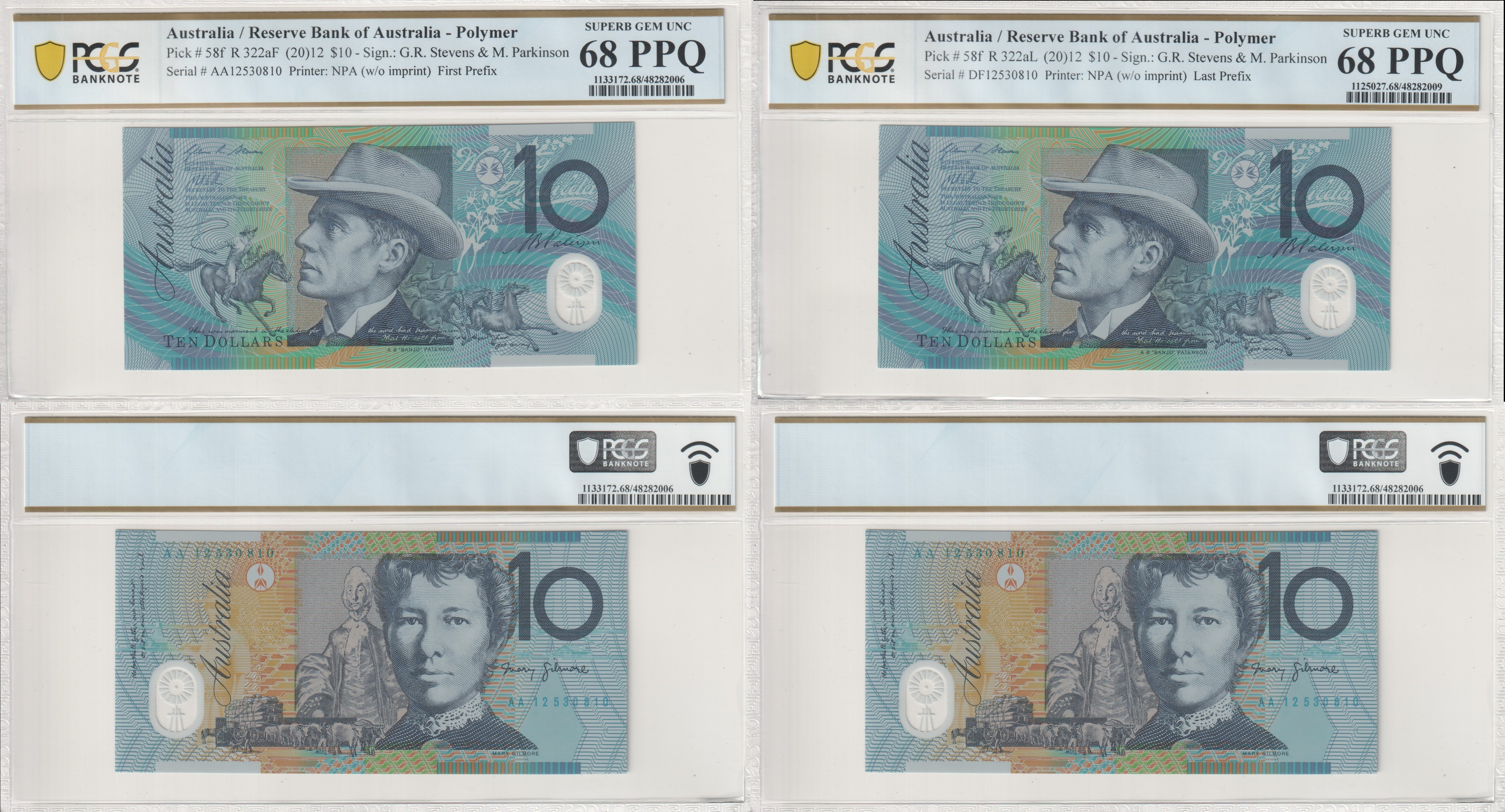Stevens/Parkinson, First/Last Prefix Pair, Ten Dollar, 2012, PCGS Superb Gem UNC 68 PPQ