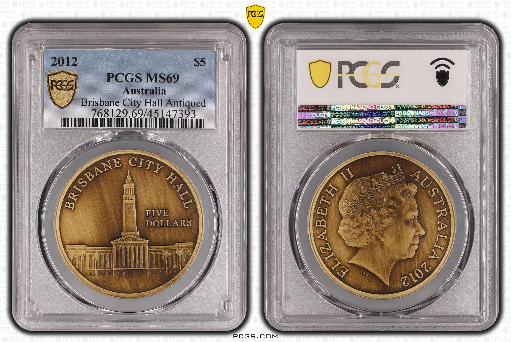 2012 Australia Five Dollar, $5 Brisbane City Hall Antiqued PCGS - MS69 -393