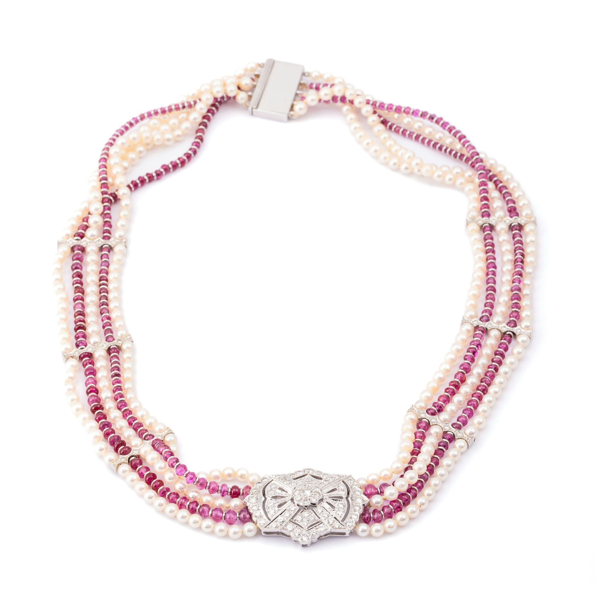 Art Deco Ruby & Pearl Necklace 14ct 1.11ct Diamond Clasp, Circa 1920s-1930s,