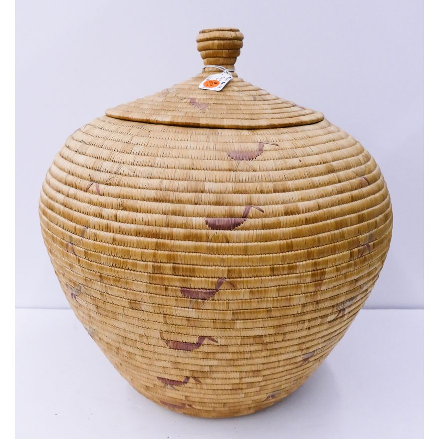 Large Eskimo Covered Basket with Bird Motif- 18x16''