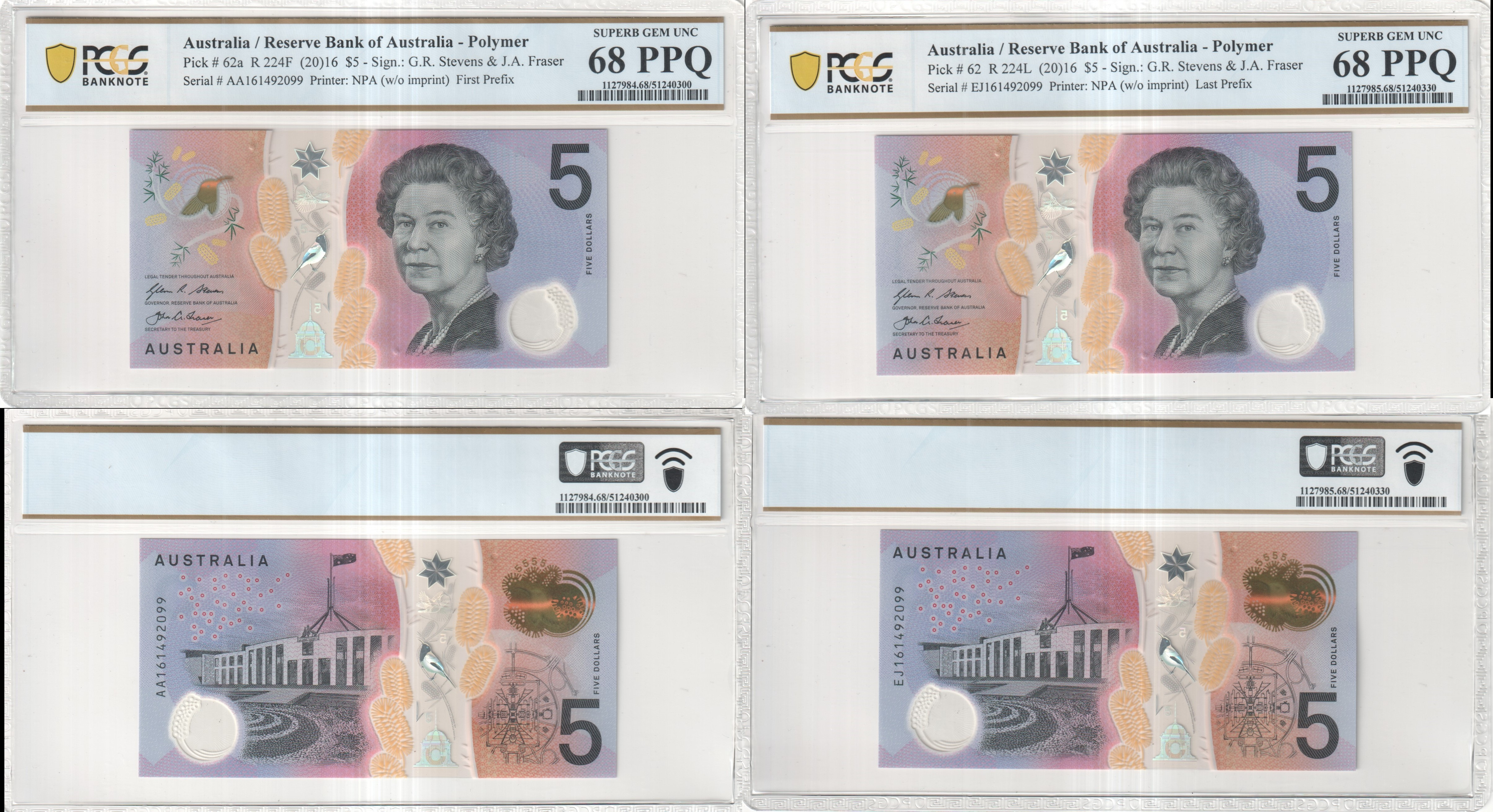 460 · Stevens/Fraser, First/Last Prefix Pair, Five Dollar, 2016, PCGS Superb Gem UNC 68 PPQ