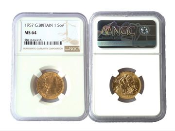 1957 Queen Elizabeth II Pre-Decimal Gold Sovereign NGC MS64
