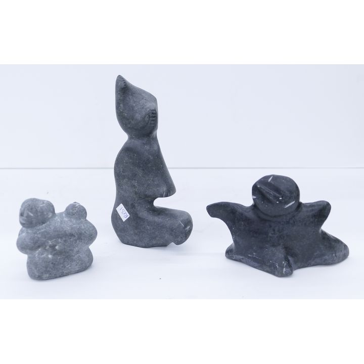 3pc George Arlook Inuit Dark Stone Figure Carvings- 3'' to 7''