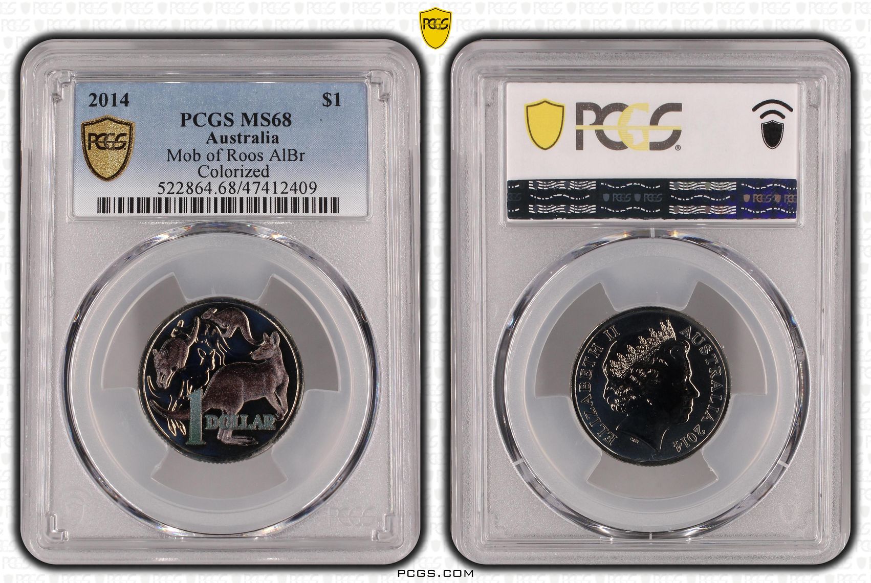 Elizabeth II, Mob of Roos AlBr Colorized, One Dollar, 2014, PCGS MS68