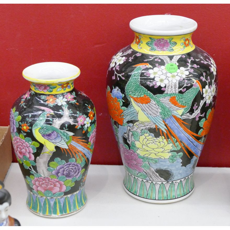 2pc Japanese Deco Porcelain Vases 9.5'' and 12''