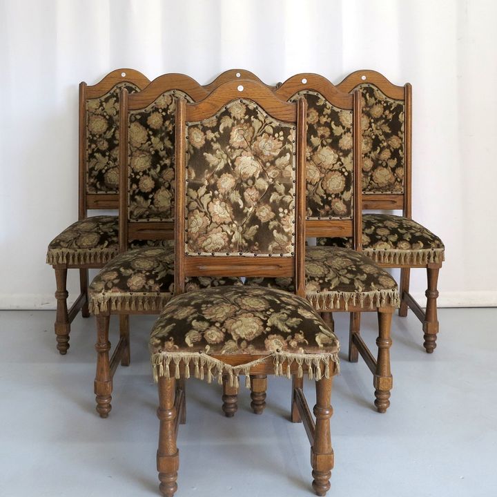SET OF 6 HEAVY OAK UPHOLSTERED DINING CHAIRS