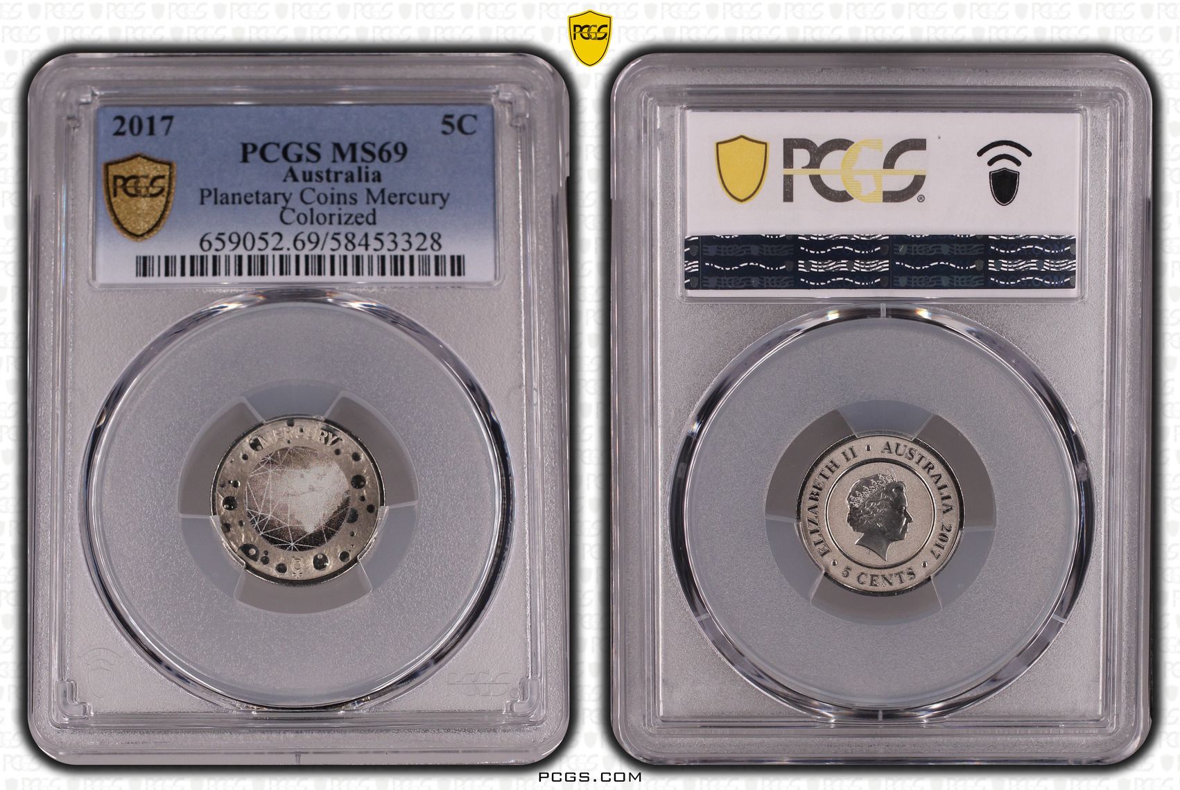 Planetary Coins Mercury Colourised, Five Cent, 2017, PCGS MS69