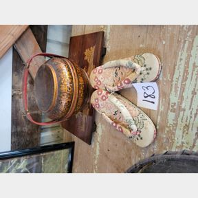 Vintage Oriental shoes, basket and serving tray