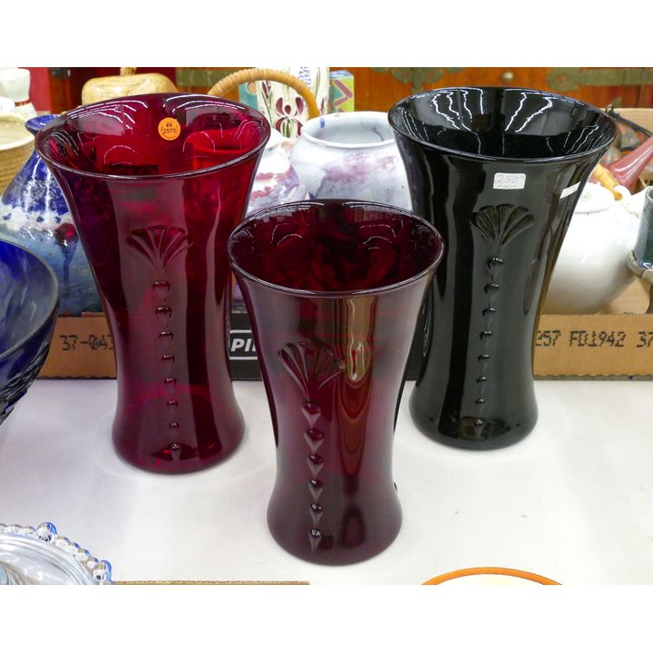 3pc Paden City Ruby Crows Foot Glass Vases 10'' to 11.5''