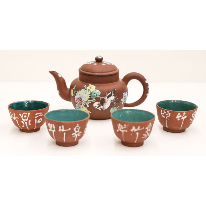 4pc Chinese Yixing Enameled Teapot and Cups