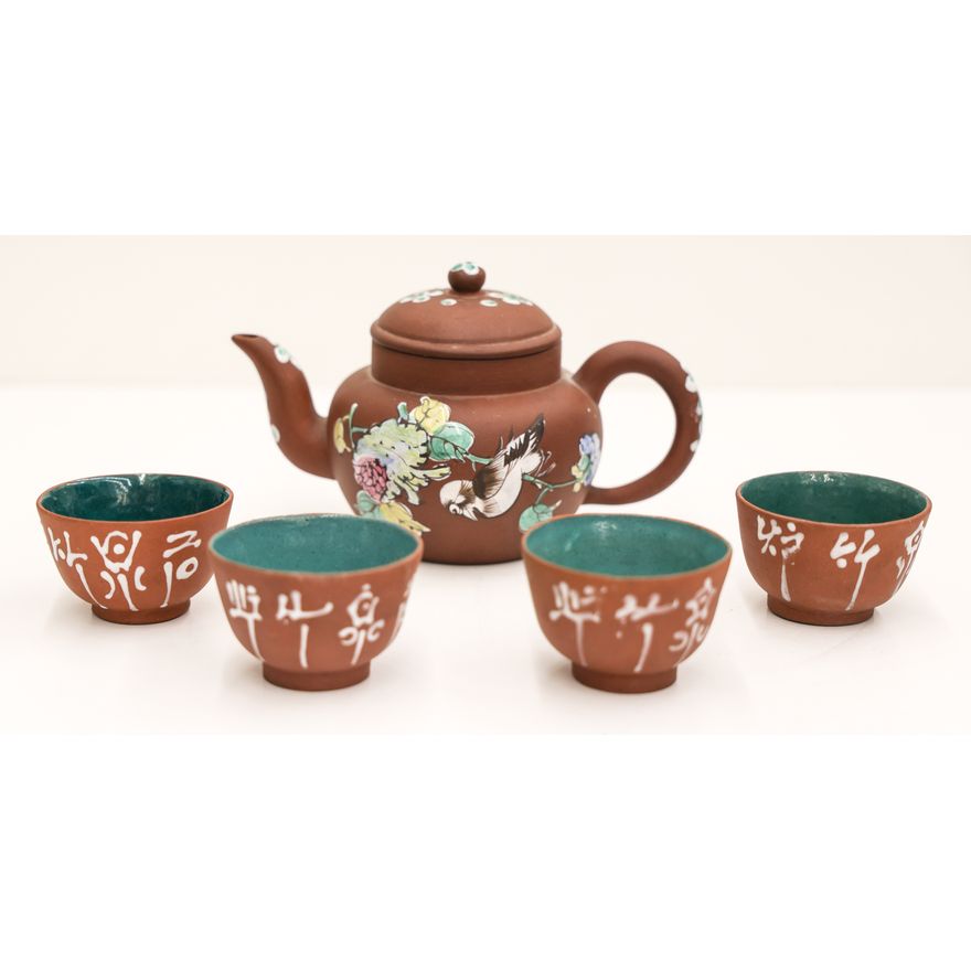 4pc Chinese Yixing Enameled Teapot and Cups